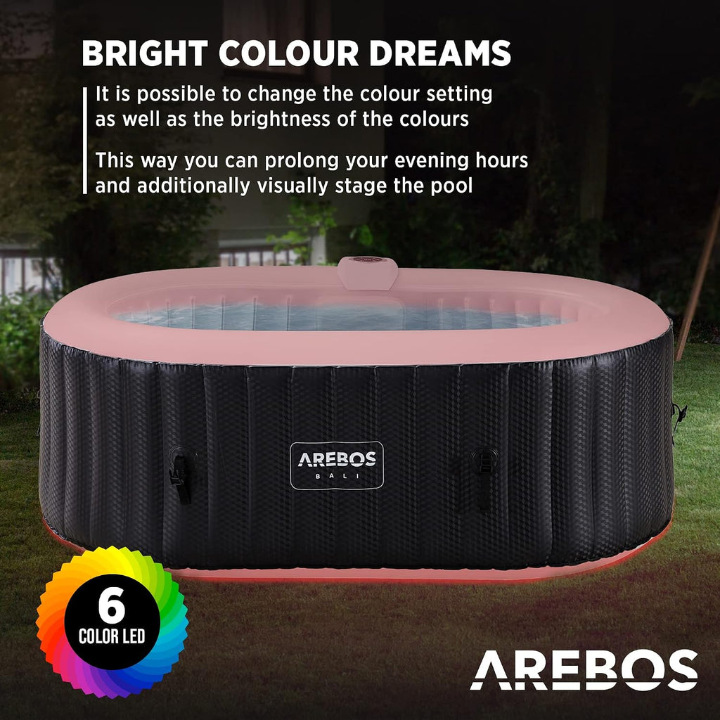 Jacuzzi Arebos con iluminación LED | Inflable | Interior y exterior | 190x120 cm ovalado | 2 personas | 90 boquillas de masaje | con calefacción | 550 litros | Incl. cubierta | Bubble Spa y masaje de bienestar
