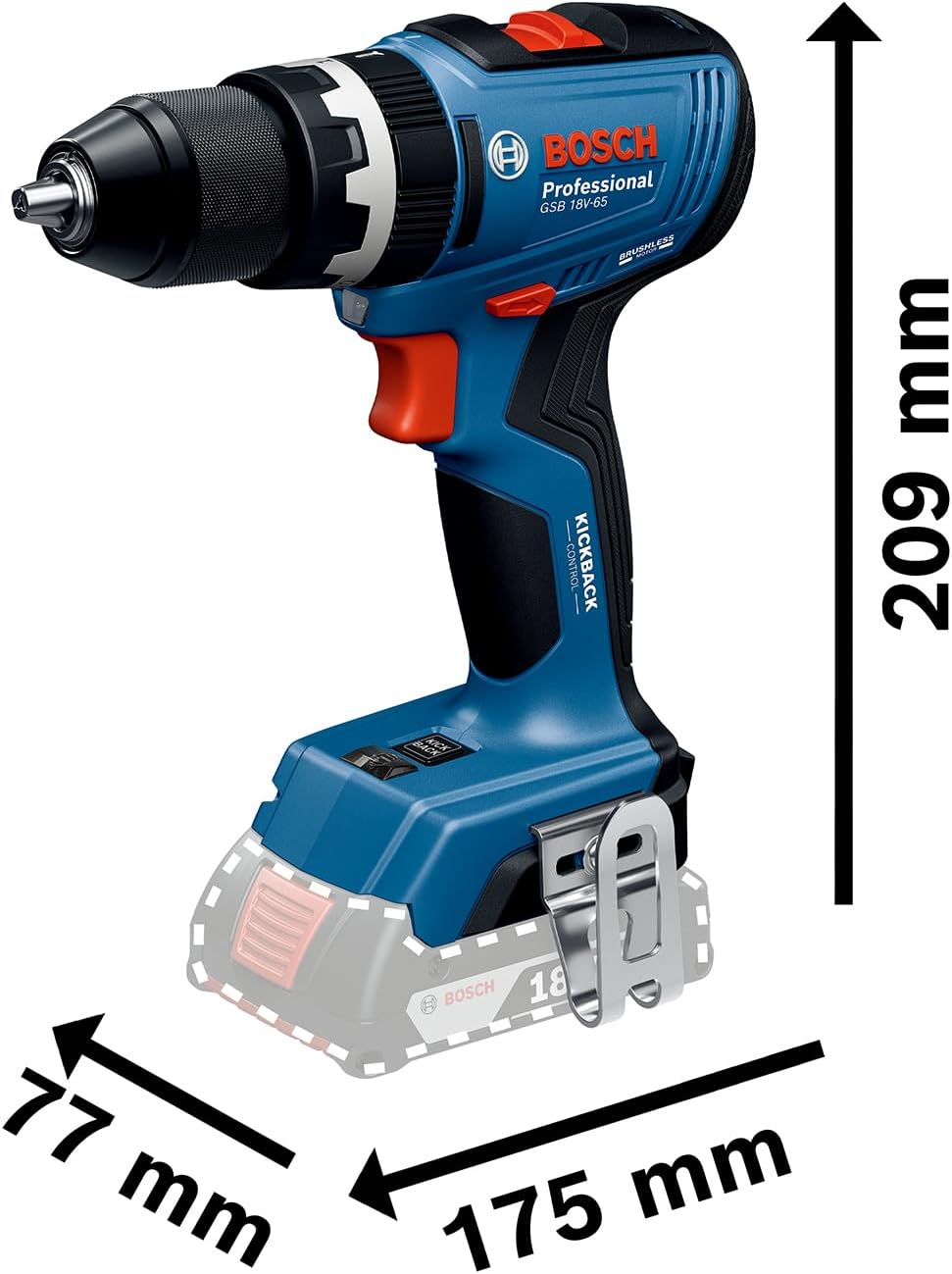 Taladro atornillador de percusión a batería Bosch Professional 18V System GSB 18V-65 (motor sin escobillas, longitud de cabezal 175, incl. 2 baterías GBA 18V 5.0Ah, cargador GAL 18V-40, L-BOXX)