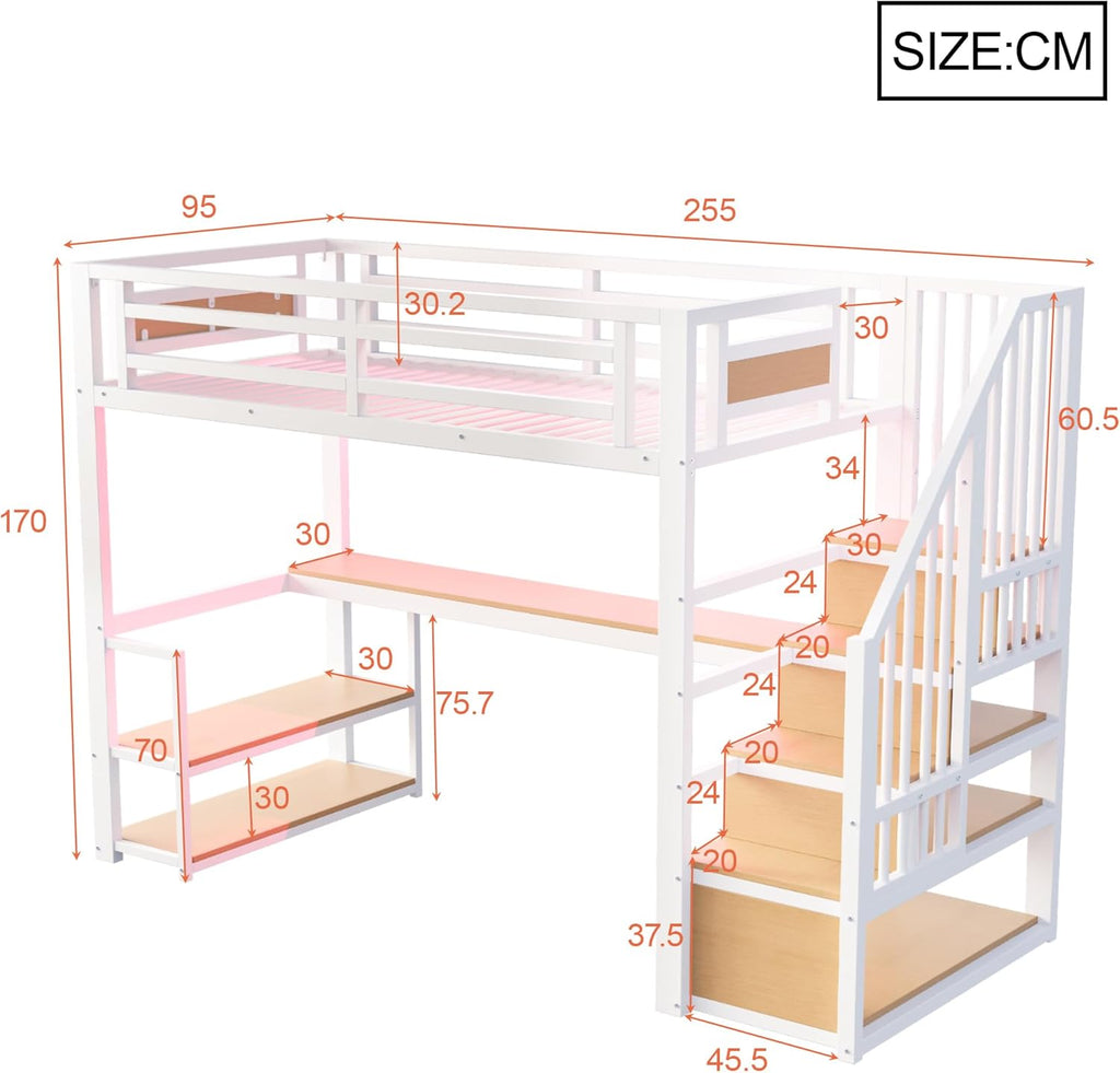 Cama alta de metal Kebnor con escalera de almacenamiento con estantes y mesa, diseño de valla de seguridad con tablones de metal empalmados, cama con estructura de hierro alta con marco de metal para mayor estabilidad (Blanco 90 * 200 cm)