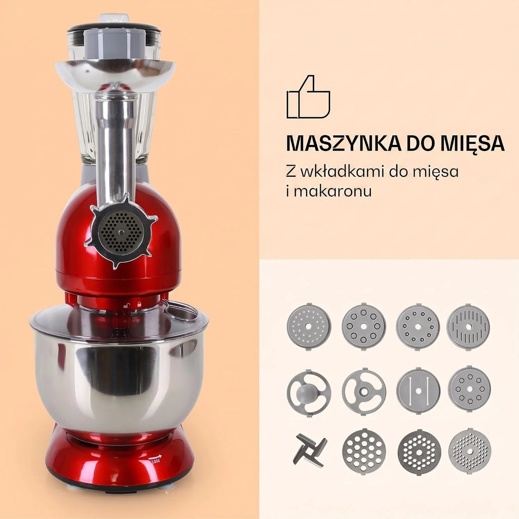 Klarstein Robot kuchenny z maszynką do mięsa, 1800W maszyna do ciasta Mała, 6 biegów, Trzepaczka, hak do mieszania i ugniatania, Mieszanie planetarne, Mikser z blenderem, Robot z misą 5L