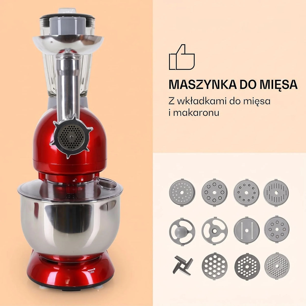 Klarstein Robot kuchenny z maszynką do mięsa, 1800W maszyna do ciasta Mała, 6 biegów, Trzepaczka, hak do mieszania i ugniatania, Mieszanie planetarne, Mikser z blenderem, Robot z misą 5L