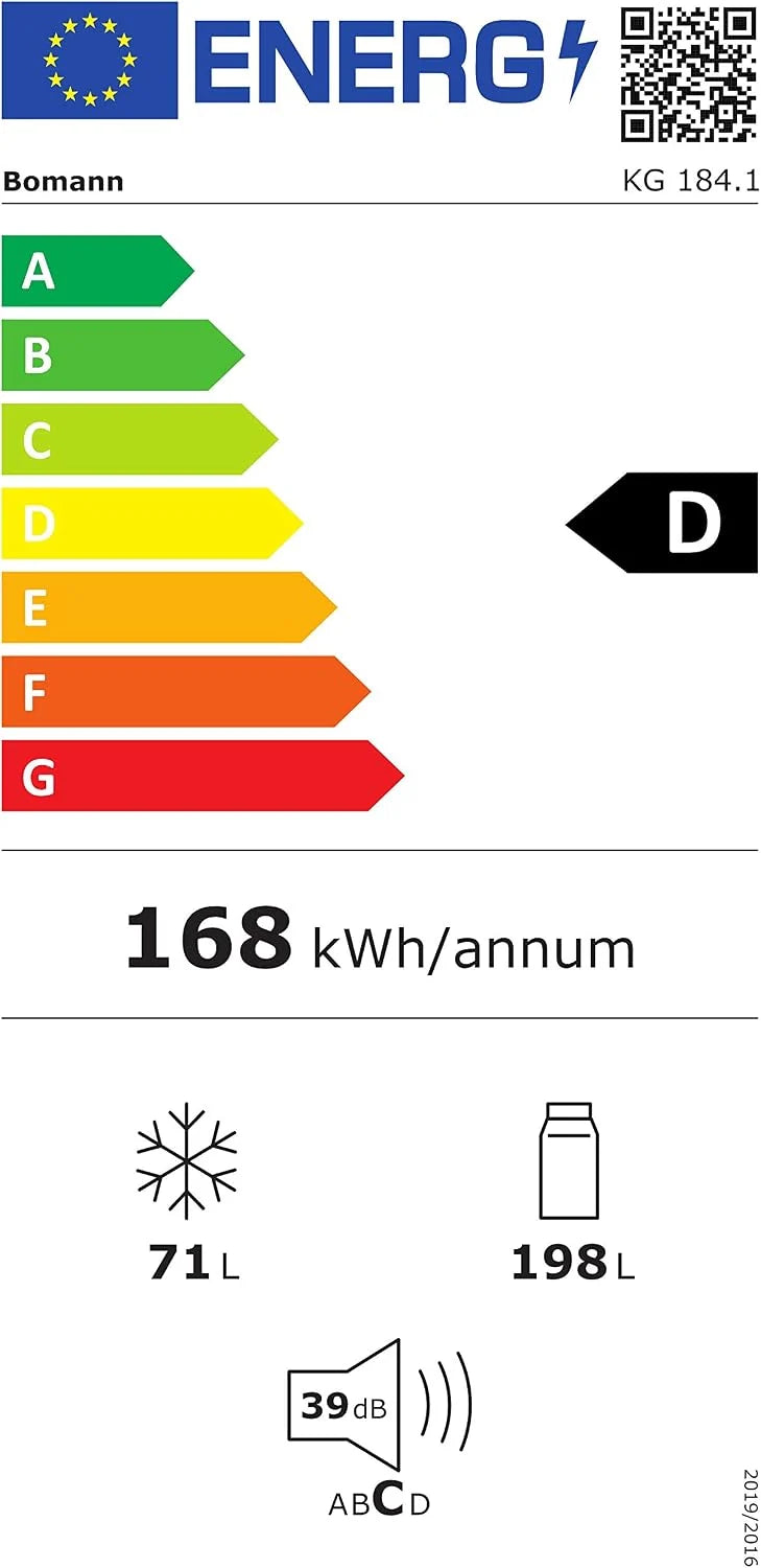 Bomann® Lodówko-zamrażarka, pojemność użytkowa 269 l – chłodzenie: 198 l | zamrażanie: 71 l, energooszczędna, cicha praca 39 dB, LED, wymienne zawiasy drzwiowe, wysokość: 180 x szerokość: 55 x