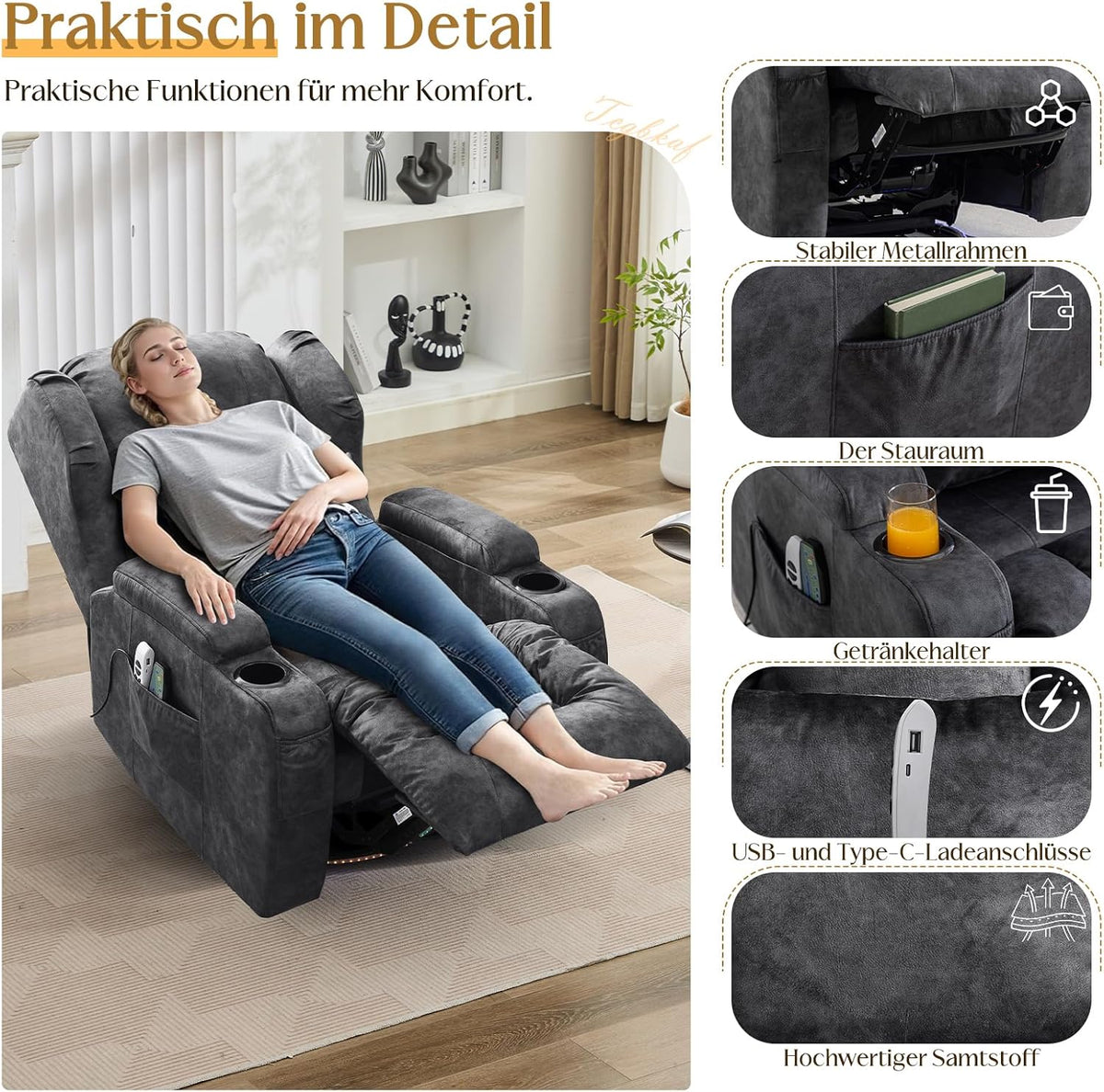 Sillón reclinable eléctrico, sillón relax con función de tumbona, sillón giratorio 240°, sillón de cine, sillón de masaje con función de calor, sillón de TV para salón hasta 150 kg (tejido de terciopelo, gris)