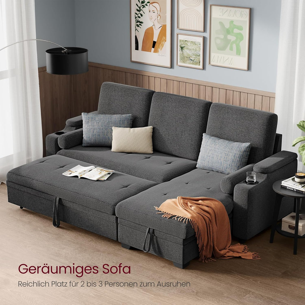 Sofá cama VASAGLE, sofá, sofá cama con espacio de almacenamiento, muebles tapizados, funda de mezcla de algodón y lino, portavasos, moderno, habitación de invitados, gris LCS801G01