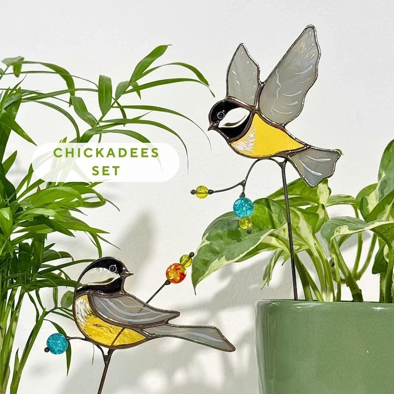Set de estacas para plantas de colibrí de cristal, decoración floral para interiores, pintado a mano
