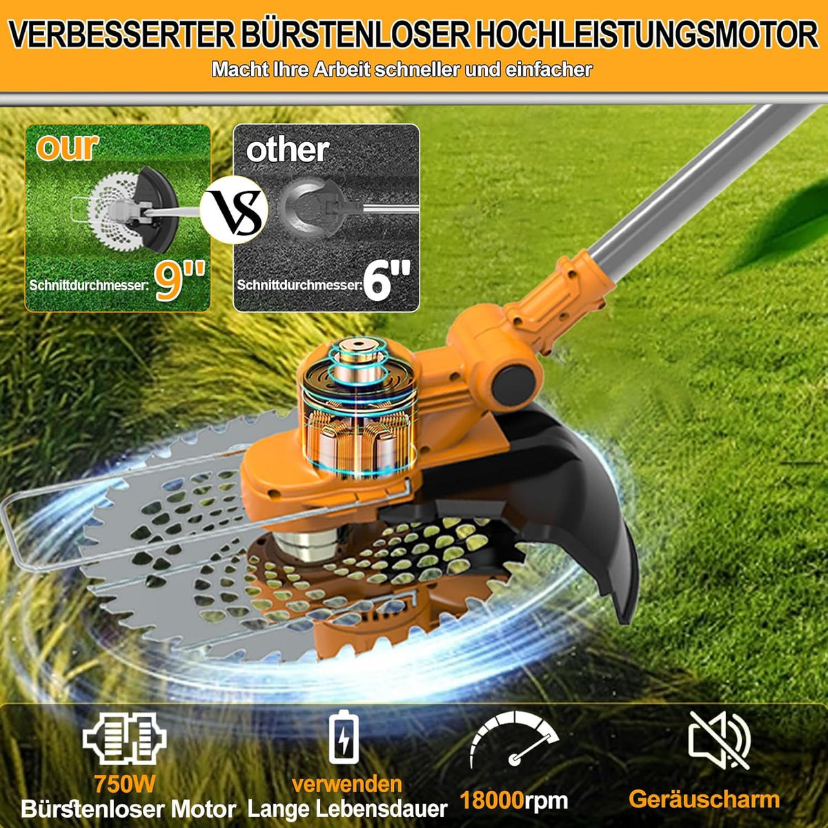Cortacésped inalámbrico con batería y cepillo para malas hierbas 4 en 1, desbrozadora con cepillo para malas hierbas, desbrozadora sin escobillas de 21 V, cortacésped eléctrico con 2 baterías de 4.0 Ah, cargador, telescópico, ajustable, naranja