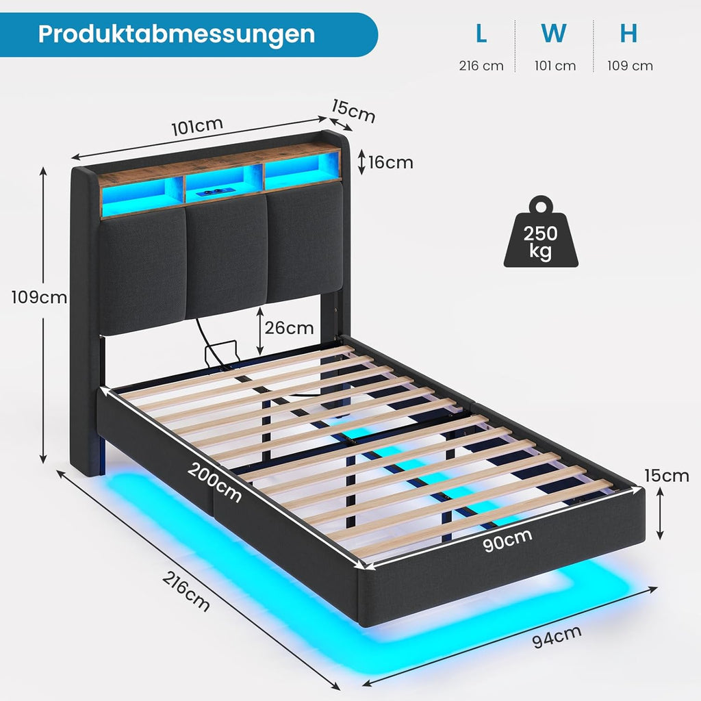 Cama tapizada Brinlawb 90x200 cm, cama flotante con iluminación LED y estación de carga (2 tomas de CA, 1 puerto USB-A, 1 puerto USB-C), cama juvenil 90x200 con cabecero acolchado, cama 90x200 con espacio de almacenamiento, gris