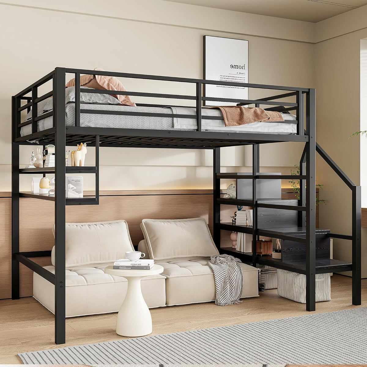 Cama alta, 140x200 cm, estantes, escalera con almacenamiento, espacio libre debajo de la cama para personalizar, barandilla, sin colchón, muebles negros, muebles de dormitorio, cama, estructura de cama y base WX00057