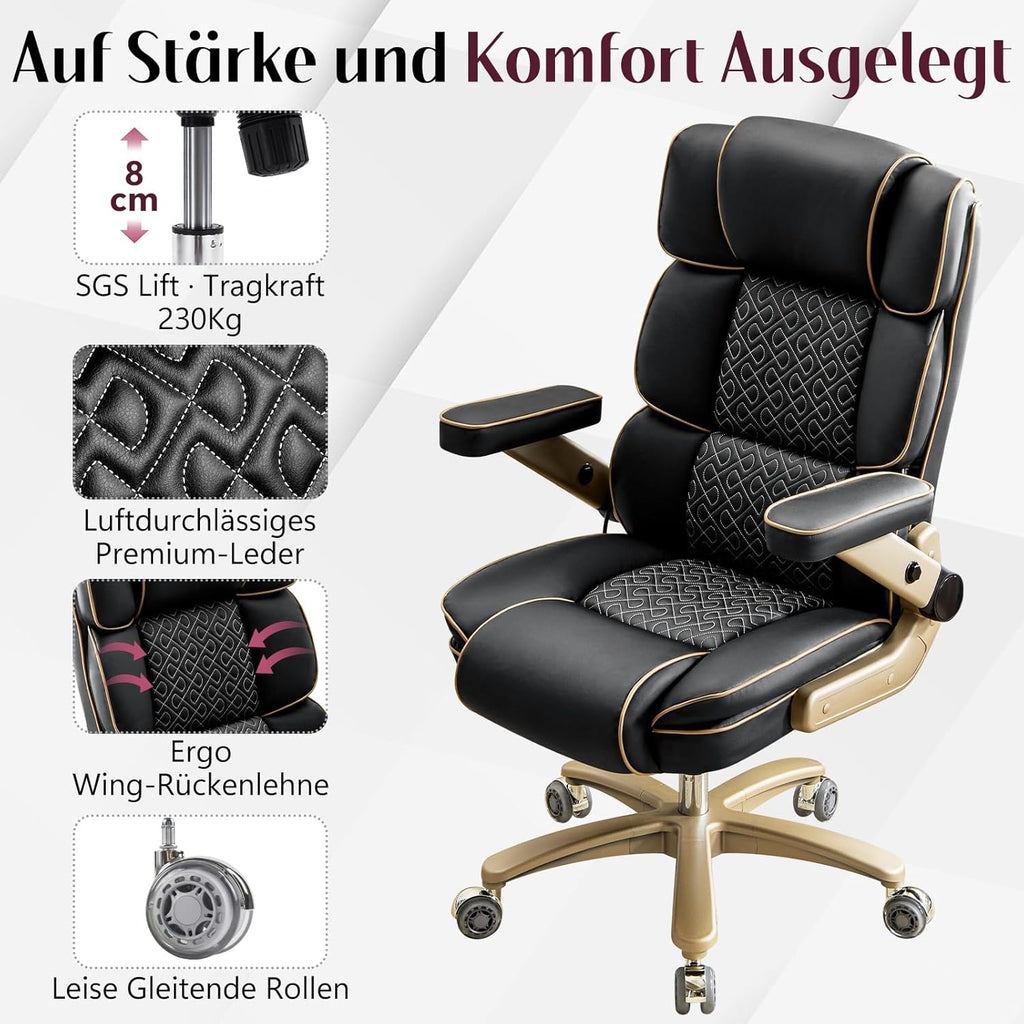 Silla de oficina Big and Tall de 230 kg, sillón ejecutivo ergonómico de piel con asiento cómodo, reposabrazos 5D, soporte lumbar ajustable, respaldo alto, silla giratoria grande para oficina en casa, negro