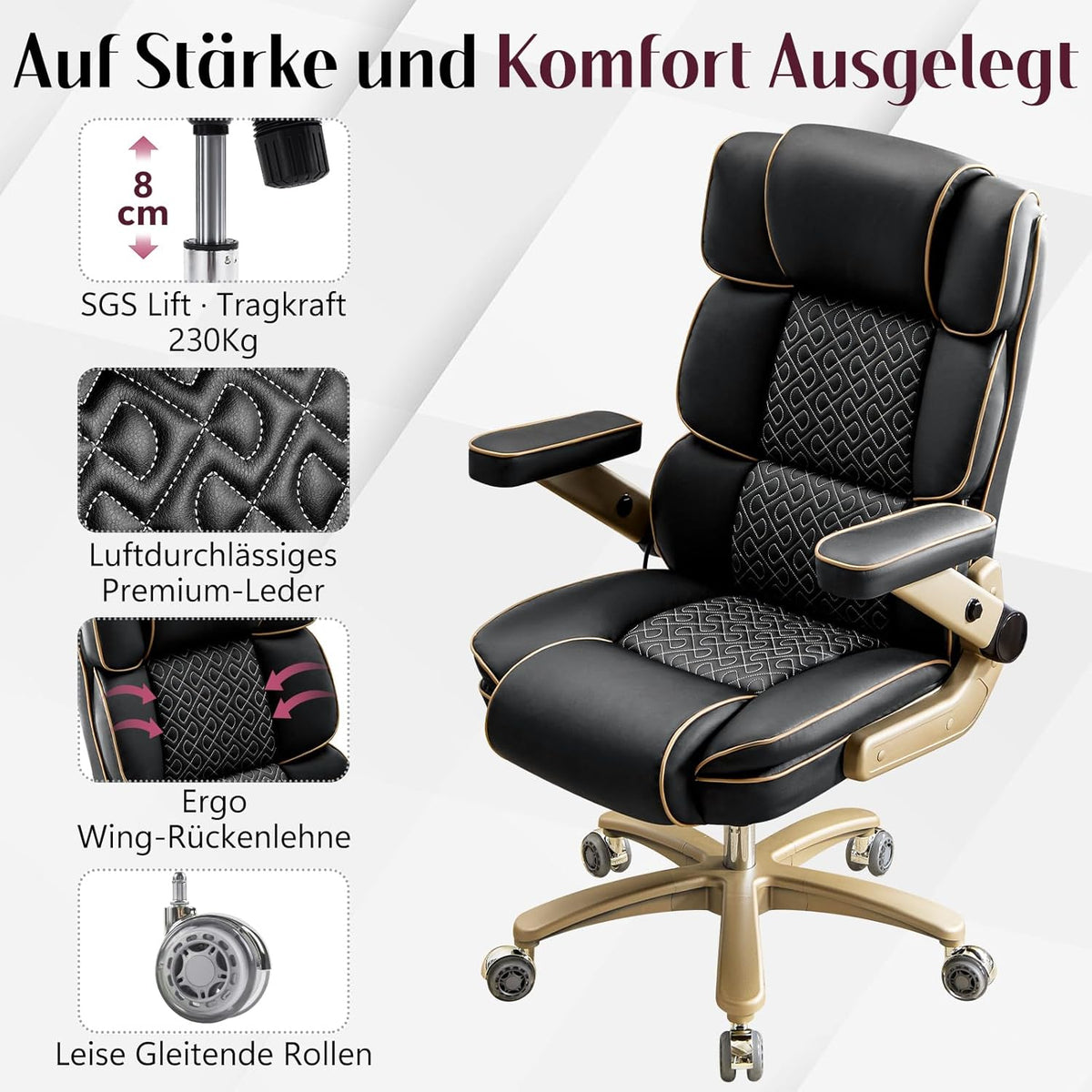 Silla de oficina Big and Tall de 230 kg, sillón ejecutivo ergonómico de piel con asiento cómodo, reposabrazos 5D, soporte lumbar ajustable, respaldo alto, silla giratoria grande para oficina en casa, negro
