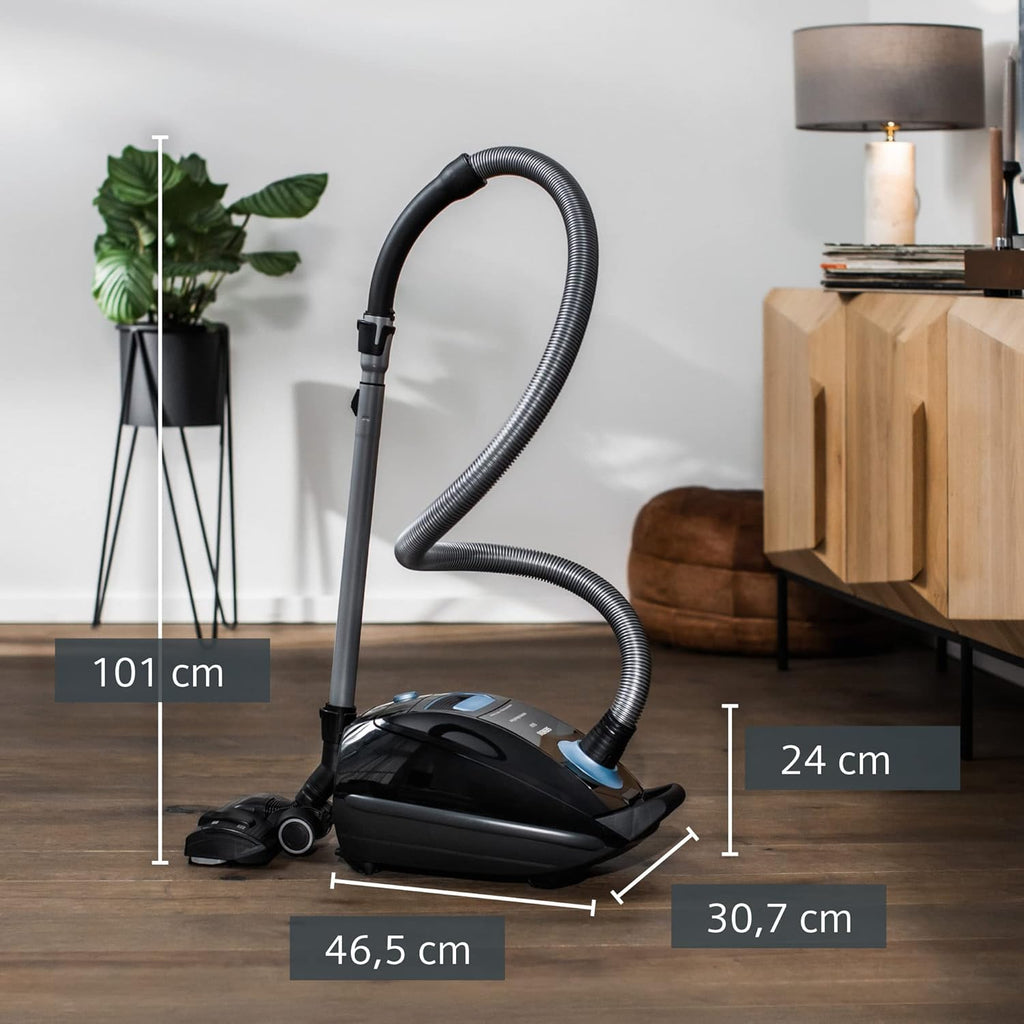 Aspiradora con bolsa Siemens Q5.0 extreme silencePower VSQ5X1230, ideal para alérgicos, filtro higiénico, gran potencia de succión, cepillo para parquet, alfombras y azulejos, cable largo, 850 W, negro