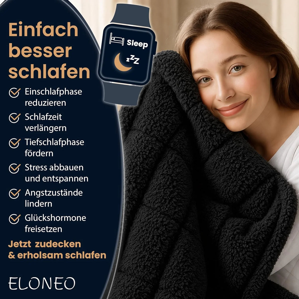ELONEO koc obciążeniowy Sherpa Fleece 200x200 cm z 9 kg, certyfikowany Oeko-Tex, koc obciążeniowy, koc relaksacyjny i koc przeciwstresowy, czarny