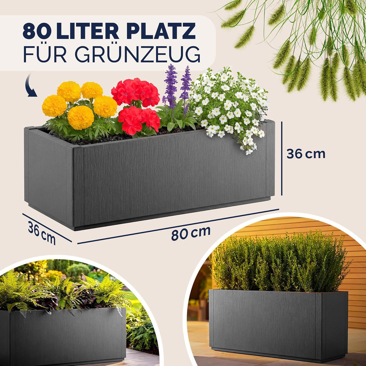 Jardinera Ethica, set de 4 unidades, 80 L, 80x36x35 cm, macetero de plástico con base de drenaje, resistente a las heladas