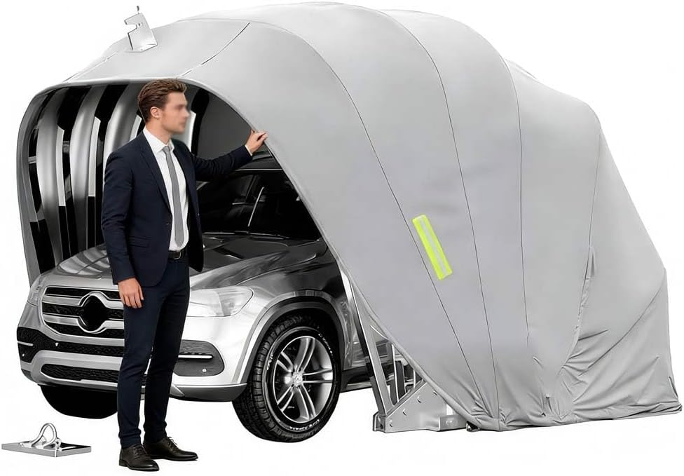 Cochera resistente a la intemperie, garaje plegable móvil de acero inoxidable, cochera semiautomática antiexposición, bloqueable, para camionetas y automóviles, gris 5,9 x 2,7 x 2,45 m