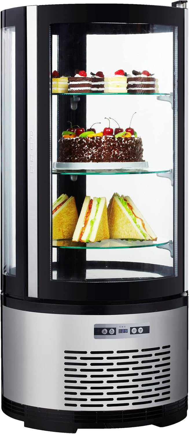 Vitrina refrigerada METRO Professional GRV1100, para hostelería, acero inoxidable/vidrio, 100 L, refrigeración por aire forzado, 490 W, indicador de temperatura,  descongelación automática, redonda, plateada, clase climática 6