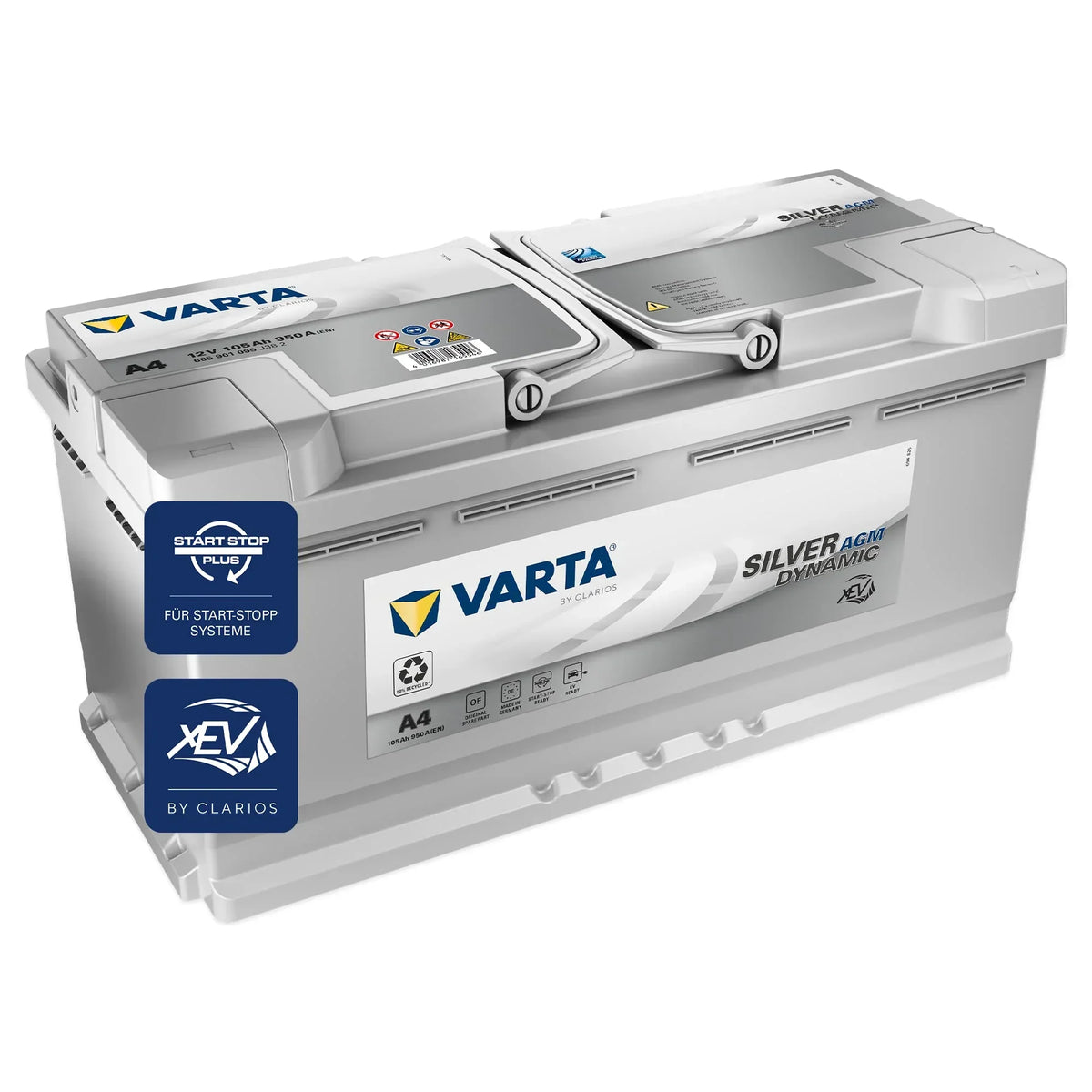 Batería VARTA Silver Dynamic AGM A4 Start-Stop xEV 12V 105Ah 950A, batería de arranque para coches con altas necesidades energéticas