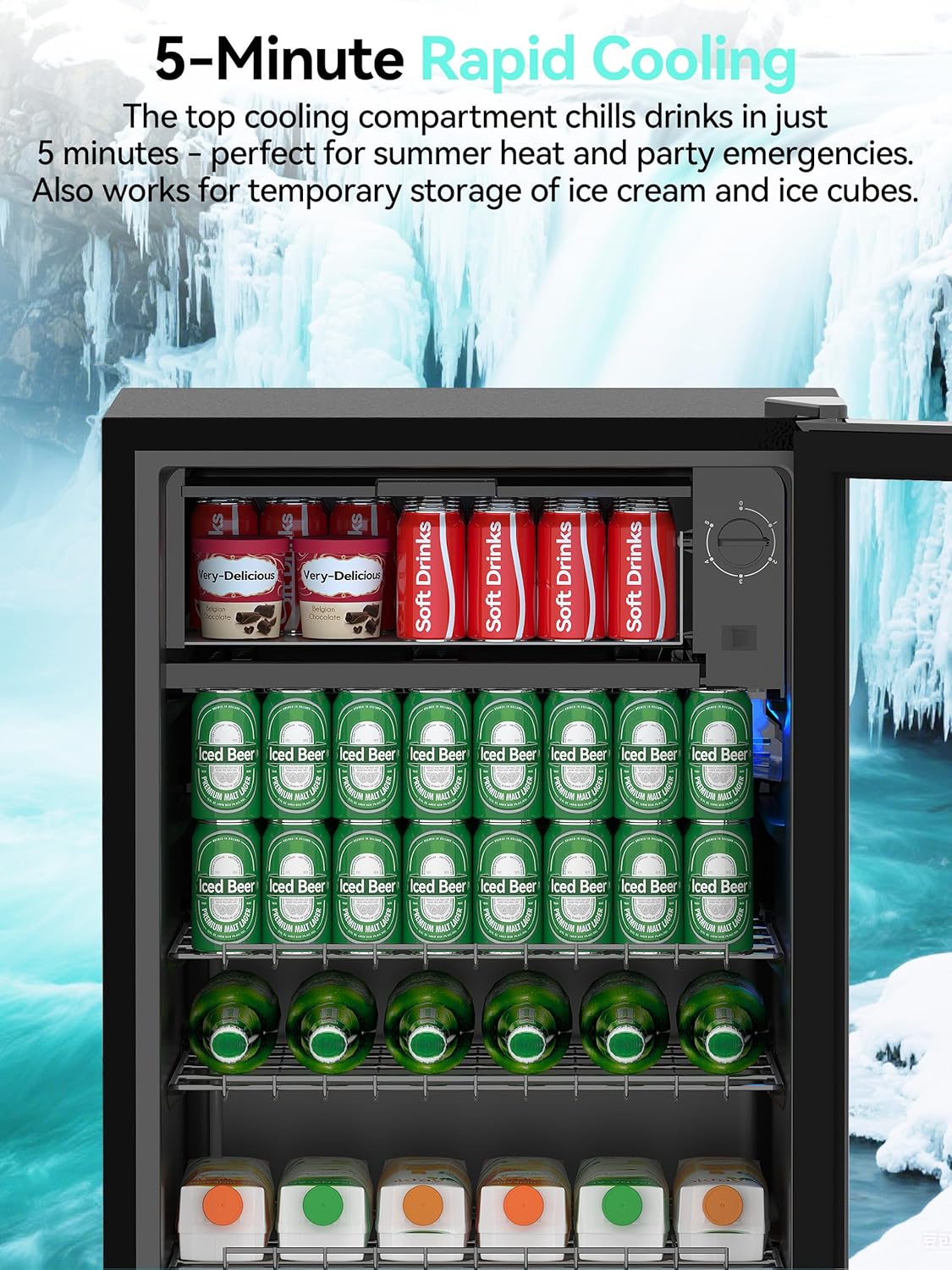 Nevera para bebidas Devoko de 93 L con capacidad para hasta 130 latas, con puerta de cristal e iluminación interior LED. Incluye estantes de altura regulable para refrescos, cerveza y vino. Ideal para el hogar y la oficina en color negro.