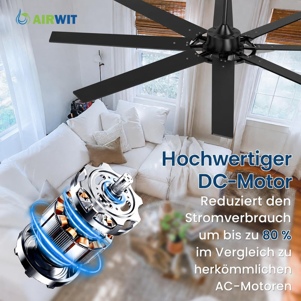 Ventilador de techo Airwit de 183 cm con luz, extra grande, de madera compuesta para exteriores, silencioso, con mando a distancia, lámpara con ventilador para terraza, industrial, habitaciones grandes
