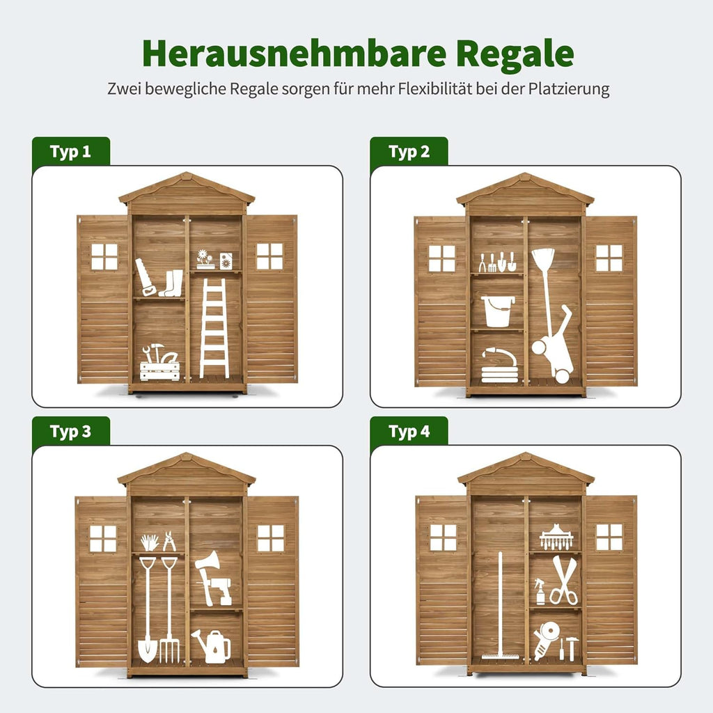 Armario de jardín MCombo, caseta de madera resistente a la intemperie, armario para herramientas de exterior, para jardín y terraza, cobertizo con 2 estantes móviles, 57×109×180 cm, 1152 (natural)