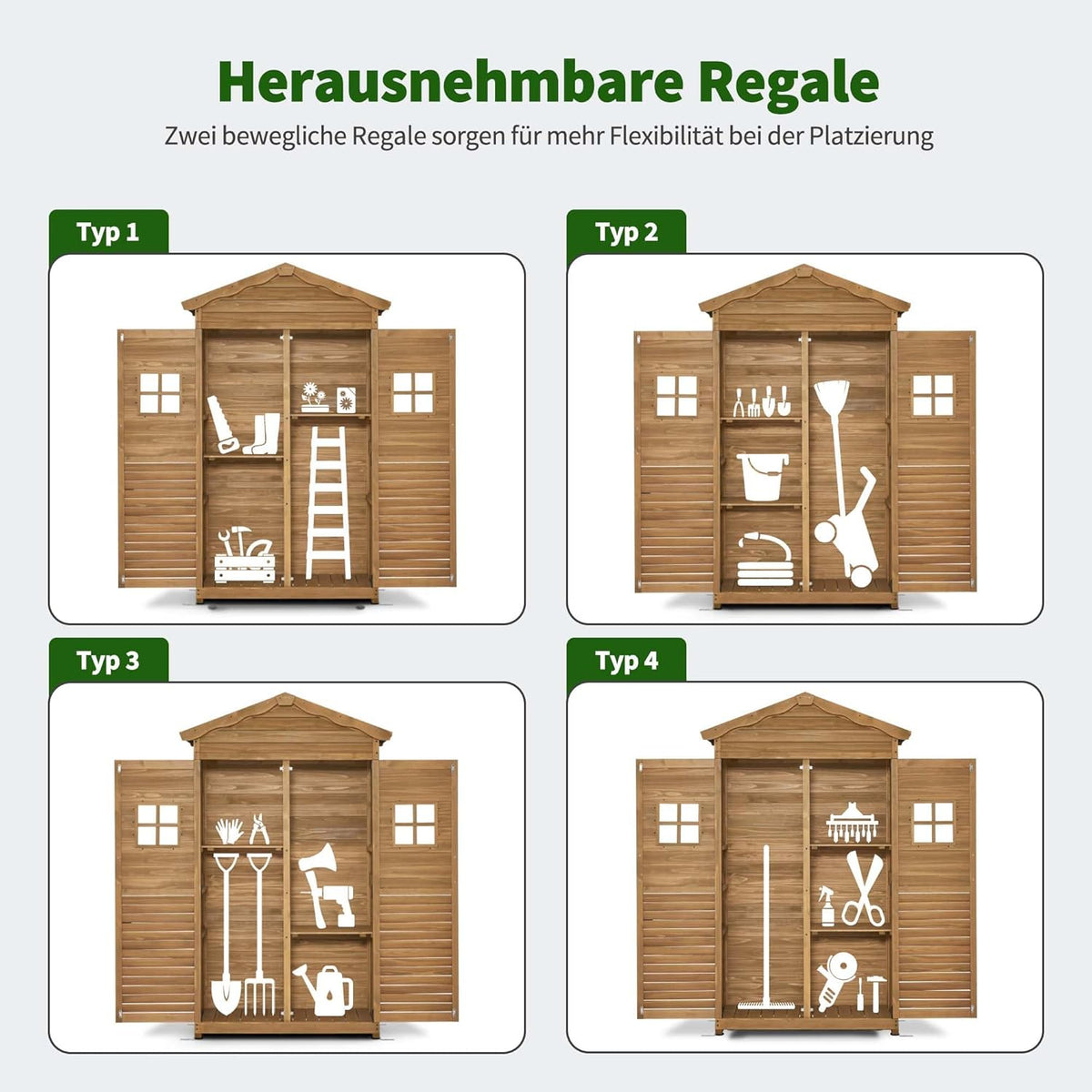 Armario de jardín MCombo, caseta de madera resistente a la intemperie, armario para herramientas de exterior, para jardín y terraza, cobertizo con 2 estantes móviles, 57×109×180 cm, 1152 (natural)