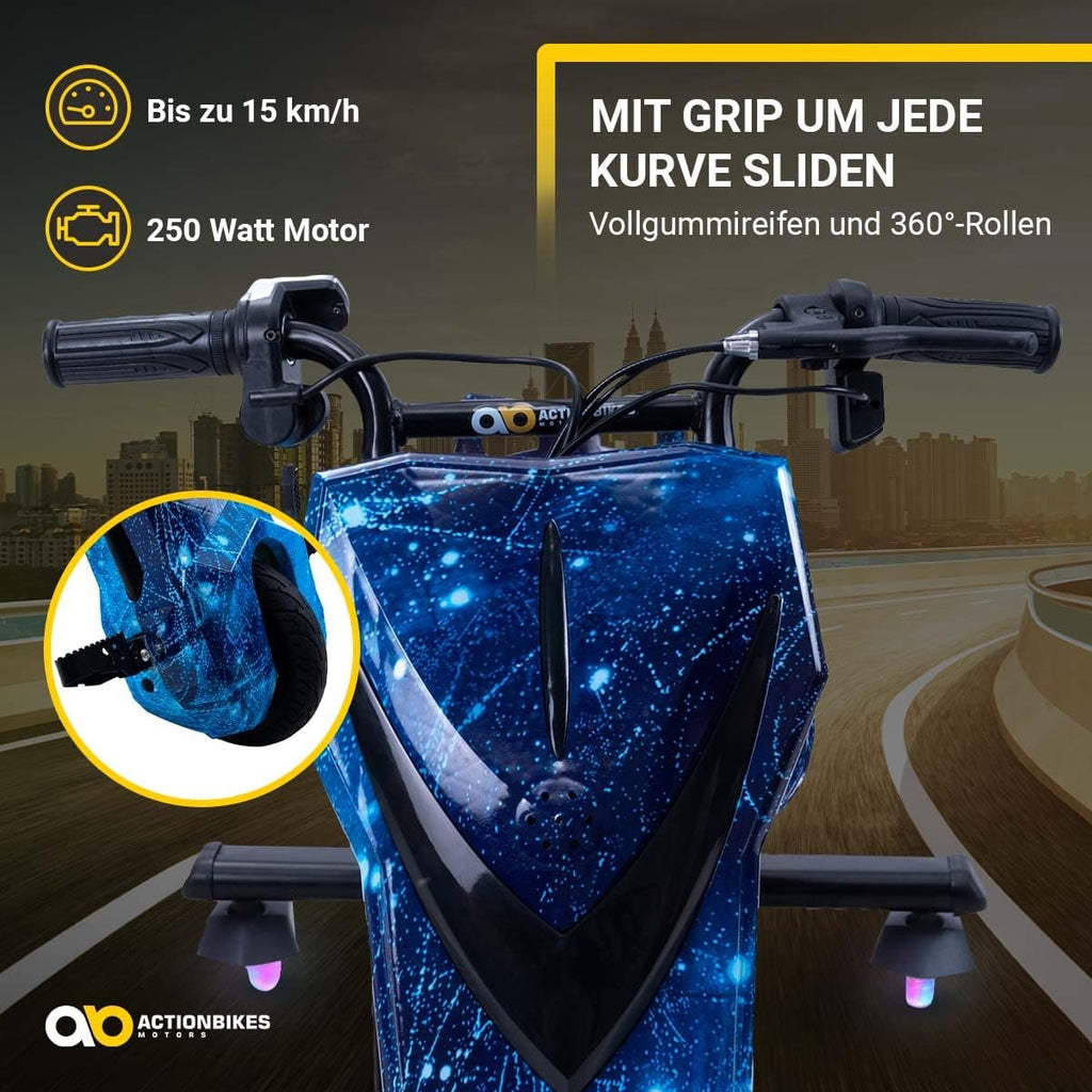 Actionbikes Motors Patinete Eléctrico Infantil para Derrapes | Motor de 𝟐𝟓𝟎 W - Carrito de Derrape 360° - 3 Niveles de Velocidad - Iluminación LED - Asiento Ajustable - Bluetooth - Kart de Derrape - Coche de Derrape (Space Purple)