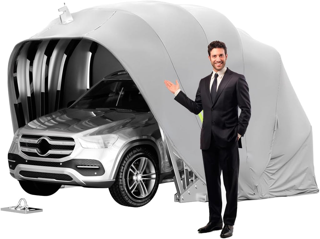 Toldo para coche resistente a todas las condiciones climáticas, garaje plegable semiautomático con cerradura de combinación, cochera plegable para exteriores, tela Oxford 600D, gris, L: 5,5/5,9 m