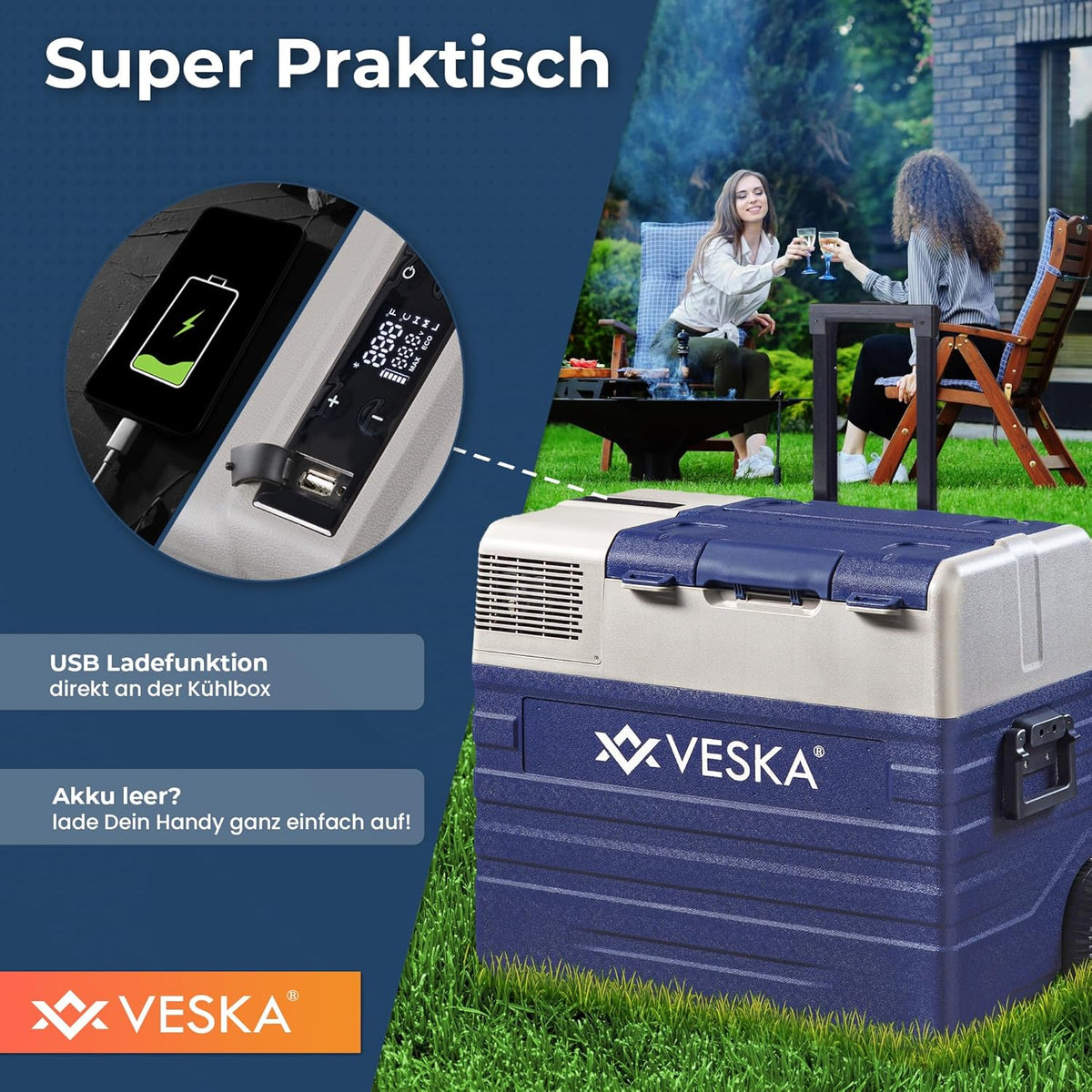 Nevera portátil de compresor, congelador con control por APP, puerto USB, 12/24V, 230V, ruedas, refrigerador transportable, arcón frigorífico, caja congeladora hasta -20 °C para coche, camión, barco (52L - antracita)