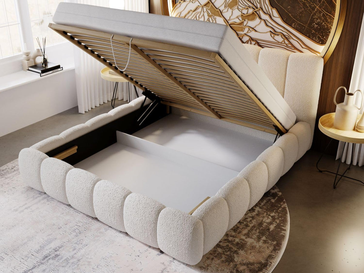 Cama tapizada GRAINGOLD Cloud 180x200 con arcón, cama tapizada con espacio de almacenamiento, tela de bouclé, con somier, con cabecero, sin colchón (beige, 180x200)