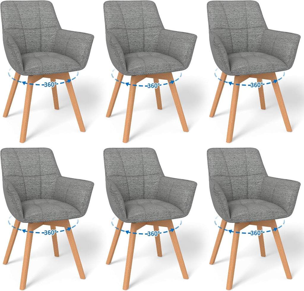 WAFTING Juego de 6 sillas de comedor giratorias, silla giratoria de 360° con reposabrazos y patas de madera, silla tapizada de terciopelo para comedor, sala de estar, cocina, dormitorio, gris oscuro