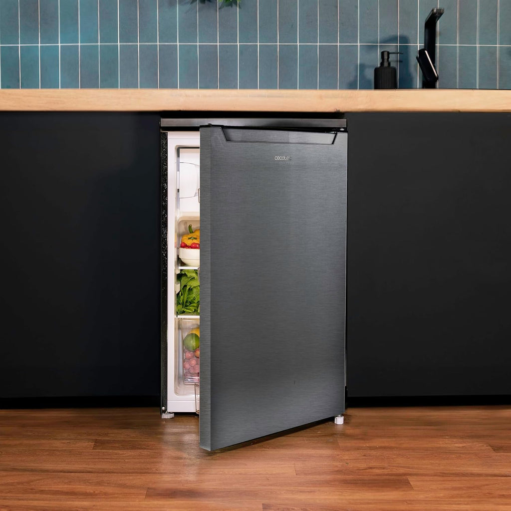 Minirefrigerador Cecotec 107 L Bolero CoolMarket TT 107 Inox, Clase Energética E, Ahorro de Energía, Puerta Reversible, Bajo Nivel Sonoro, Cajón Congelador.