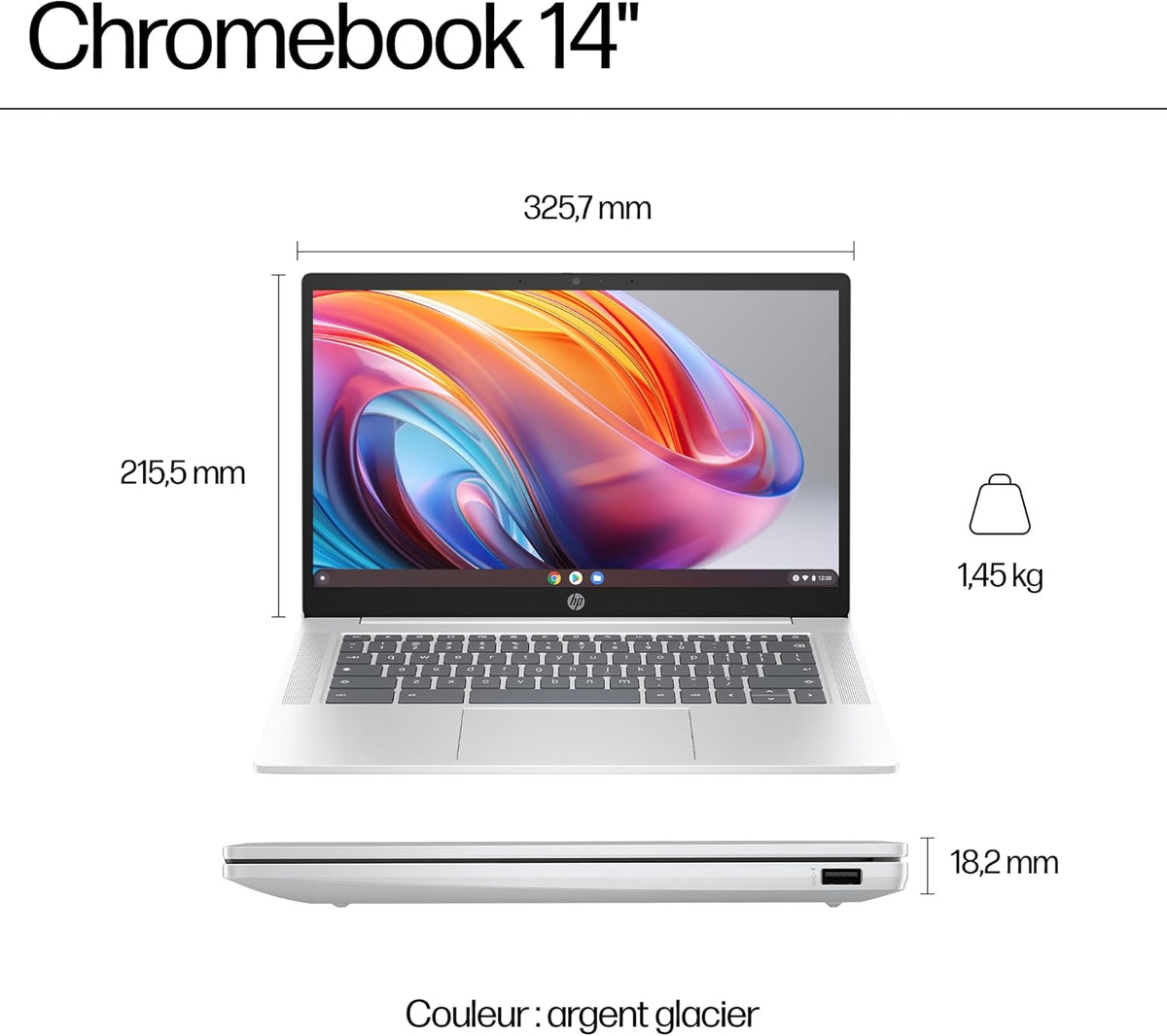 HP Chromebook 14a-nf0001sf Portátil 14" HD, PC Portátil (Intel Celeron N100, RAM 4 GB, Flash 128 GB, Intel Iris XE, Chrome OS), Ordenador Plateado, Teclado AZERTY