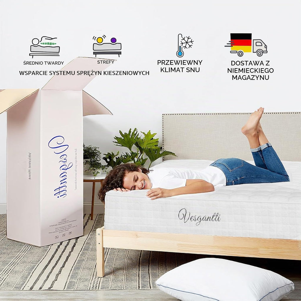 Vesgantti Materac 24 cm wysokości H3, 90 x 200 cm, średnio-twardy, 7-strefowy, materac kieszeniowy, ortopedyczny, materac kieszeniowy, materac z zimnej pianki Öko-Tex (biały, Tight Top)