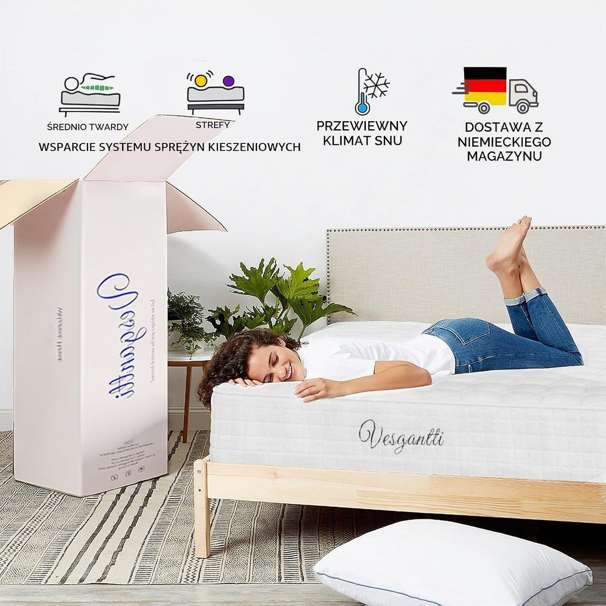Vesgantti Materac 24 cm wysokości H3, 90 x 200 cm, średnio-twardy, 7-strefowy, materac kieszeniowy, ortopedyczny, materac kieszeniowy, materac z zimnej pianki Öko-Tex (biały, Tight Top)