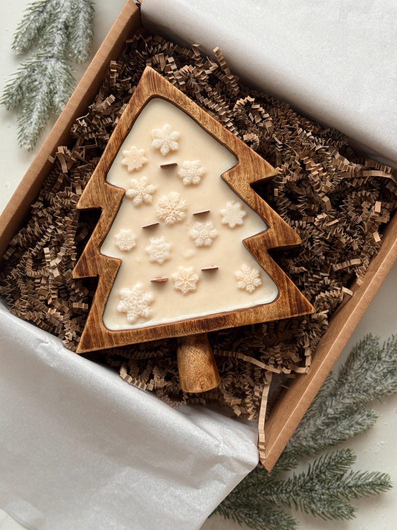 Cuenco de madera en forma de árbol de Navidad con copos de nieve o flor de Pascua, vela de soja, 100% cera de soja natural, mechas de madera, 26 cm x 19 cm