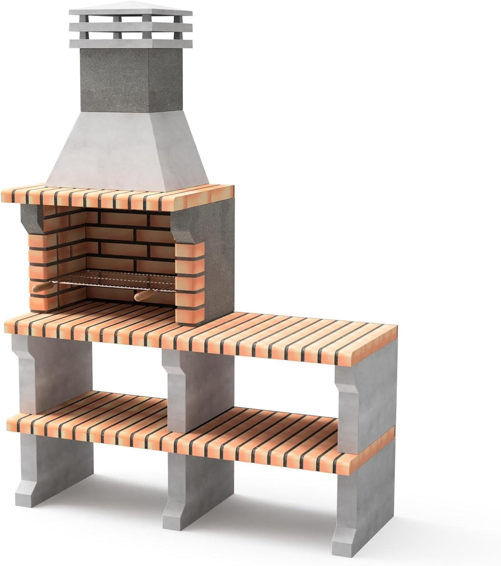 MOVELAR - Barbacoa de hormigón prefabricada para leña y carbón modelo Liz Plus XL (Gris y Naranja - 146 x 58 x 217 cm) REF: M00335 - Cocina de exterior para jardín y terraza