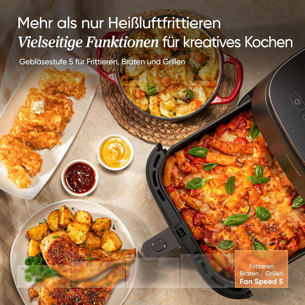 COSORI Frytkownica beztłuszczowa 9-w-1, Air Fryer XXL 6 l. Cichy silnik DC (5 prędkości), grill, pieczenie, fermentacja, suszenie, rozmrażanie, 87 przepisów, do 64% oszczędności energii