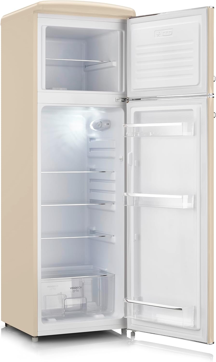 Severin Frigorífico Congelador de 2 puertas, Independiente, Frigorífico de Doble Puerta con Congelador, Anchura 55 cm, 246 L, Clase D, Estilo Retro, Crema, RKG 8985