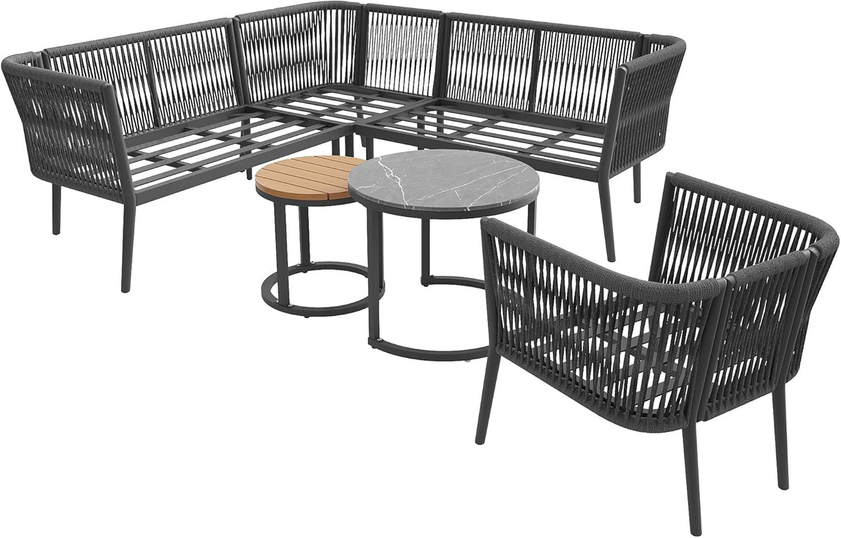 Conjunto de jardín Merax para 5-6 personas, set de muebles de jardín de ratán PE, grupo de asientos para balcón, sofá modular para exterior con mesa y set de cojines, grupo de asientos resistente a la intemperie para terraza, balcón y jardín, gris
