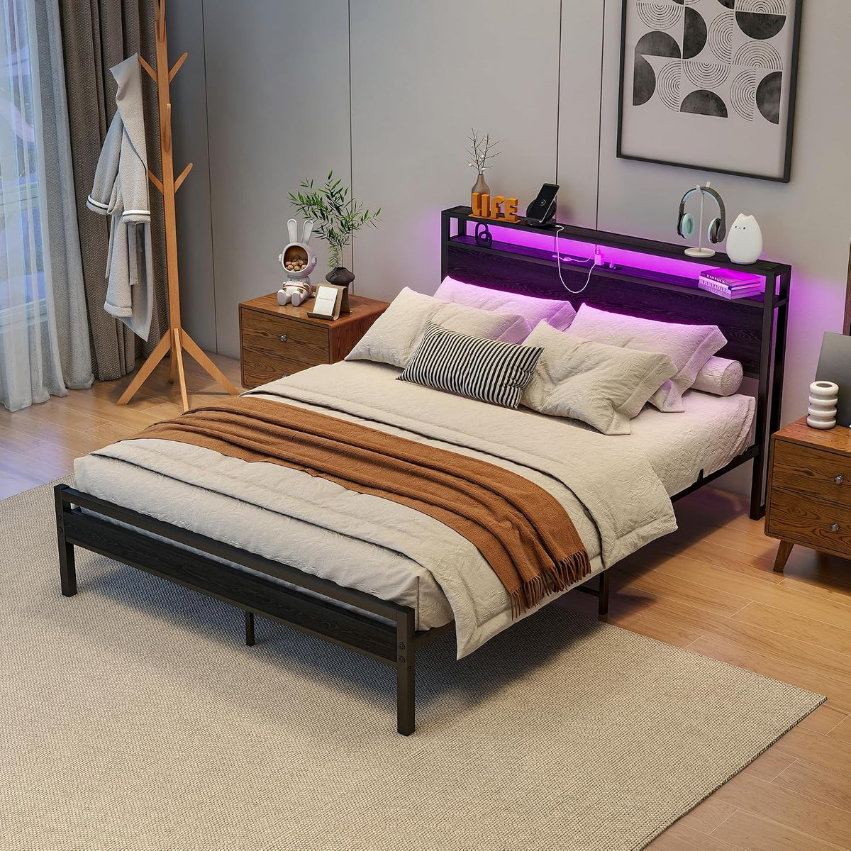 HOJINLINERO 140 x 200 cm, z przechowywaniem, stelażem, ładowaniem USB i LED, nowoczesne