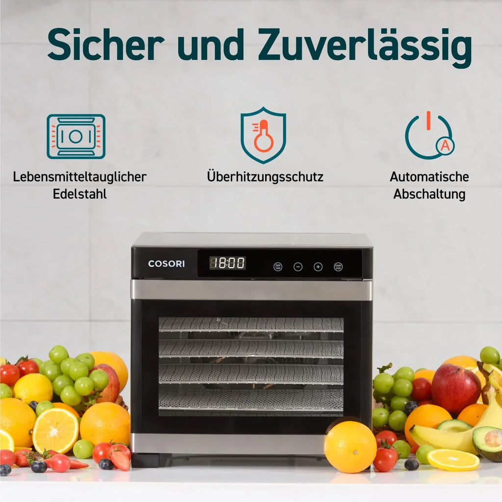 Deshidratador de alimentos CP267-FD 650 W, 6 bandejas de acero inoxidable, 35-75 °C, temporizador de 48 horas, pantalla LED