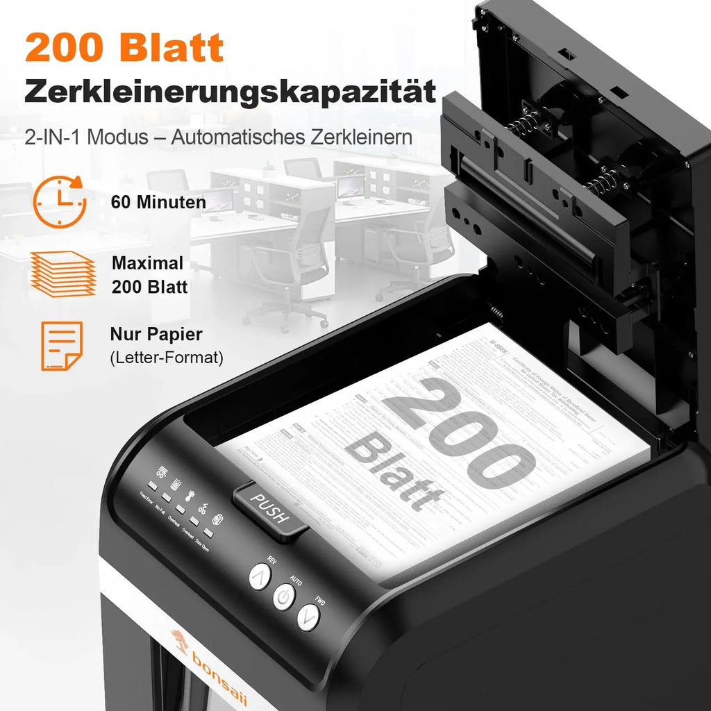 Destructora de papel bonsaii AutoFeed 200 hojas P4 microcorte 60 min, depósito extraíble de 31 L, silenciosa 58 dB C283