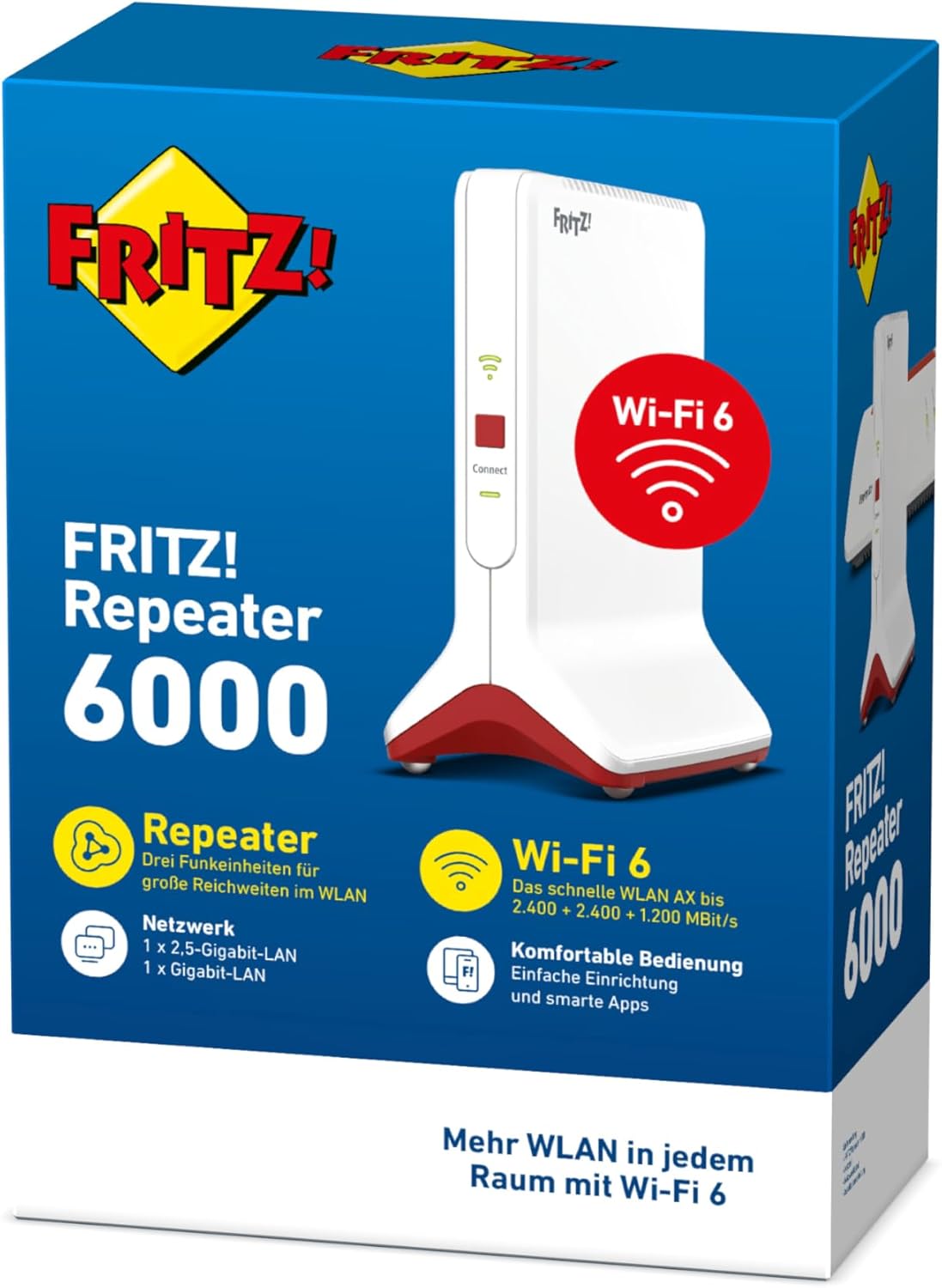 FRITZ!Repeater 6000 (repetidor WiFi 6 con tres unidades de radio: 5 GHz (2 x hasta 2400 Mbit/s), 2,4 GHz (hasta 1200 Mbit/s), LAN de 2,5 gigabits, versión en español)