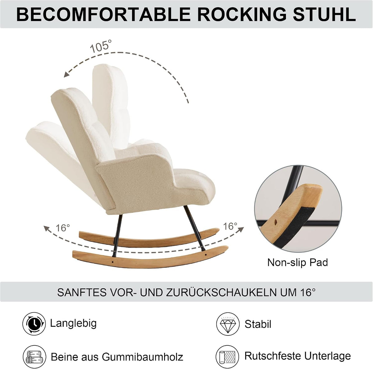 Sillón mecedora de lactancia con reposabrazos, silla de lactancia acolchada, sillón relax para salón y habitación infantil, capacidad de carga hasta 136 kg, color marfil