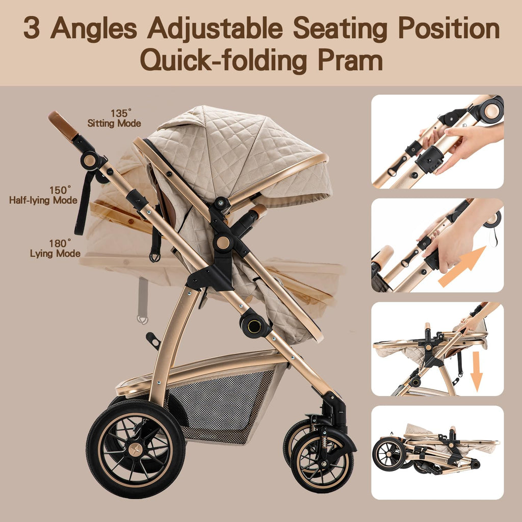 Cochecito 3 en 1 Gcarebb, silla de paseo con portabebés, cochecito completo con altura ajustable, cochecito combinado con marco de aluminio para recién nacidos de 0 a 4 años