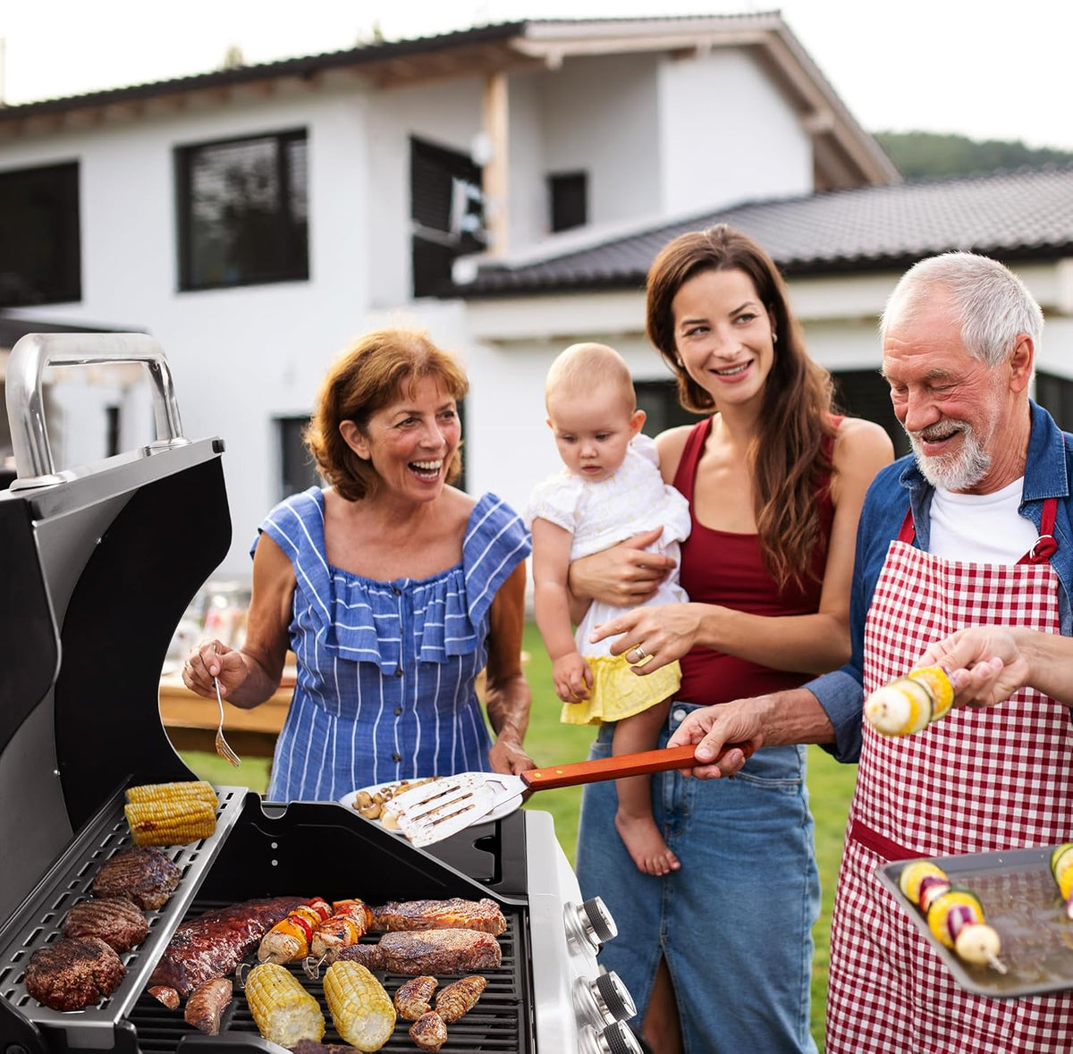 Barbacoa de gas Royal Gourmet de 4+1 quemadores de acero inoxidable, parrilla de gas de 14,5 kW con estantes y termómetro, 2 ruedas direccionales, 2 puertas, adecuada para jardín y exterior, negra