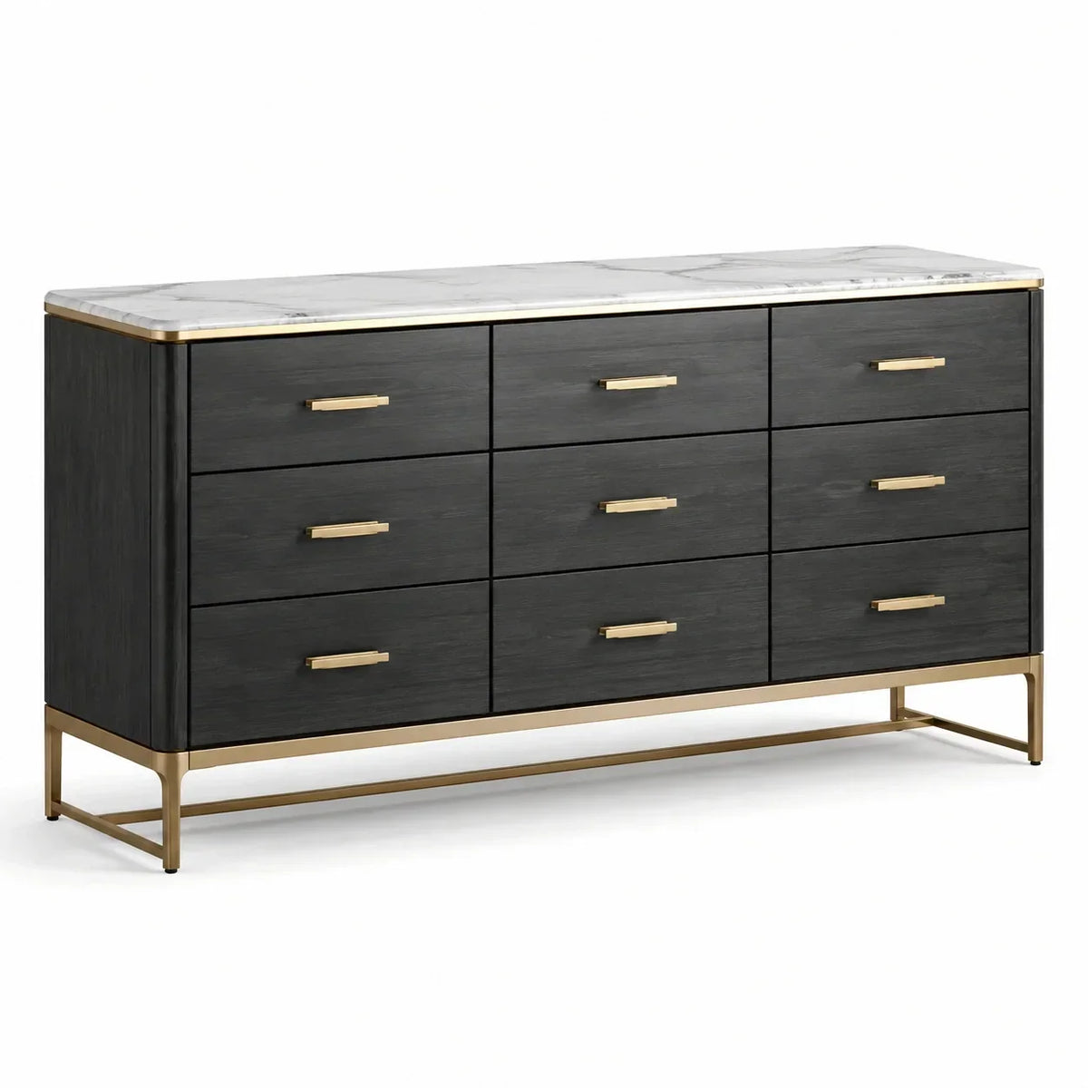 Cómoda de madera con superficie de mármol y 8 cajones negro/dorado