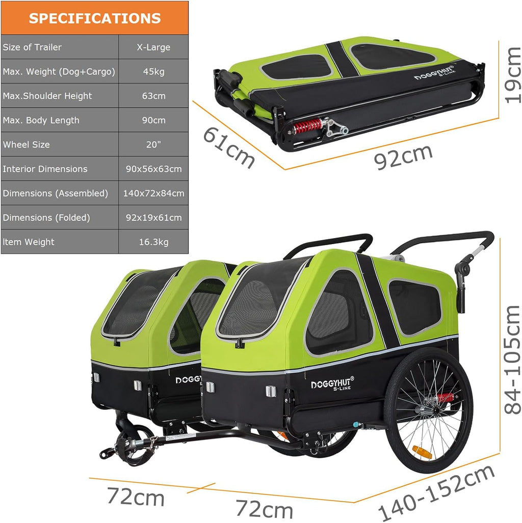 Doggyhut S-Line XL Remolque y cochecito para perros con suspensión 2 en 1, remolque de bicicleta para perros y jogger con suspensión hasta 45 kg