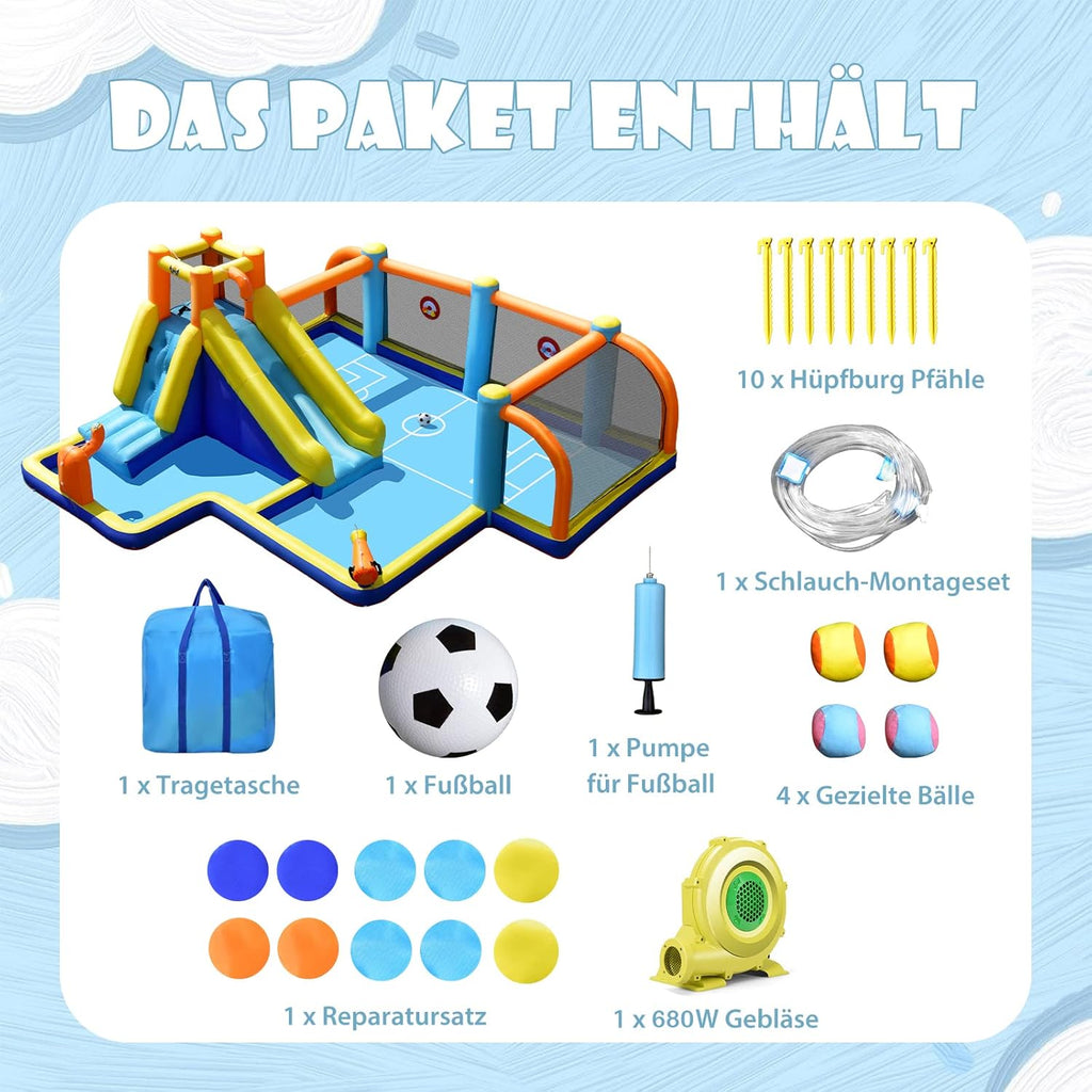 COSTWAY Castillo hinchable con soplador, tobogán acuático, piscina infantil, zona de fútbol, muro de escalada, dos cañones de agua y juego de diana, piscina de juegos 500 x 465 x 200 cm