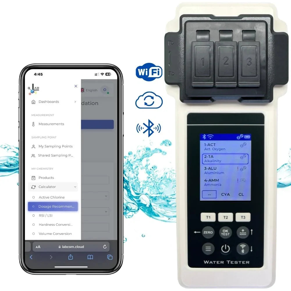 Analizador de agua para piscina 2.0, kit de 27 parámetros, Wi-Fi, Bluetooth, aplicación, medidor para piscina, spa y jacuzzi, incl. maletín y compensador de nivel de agua