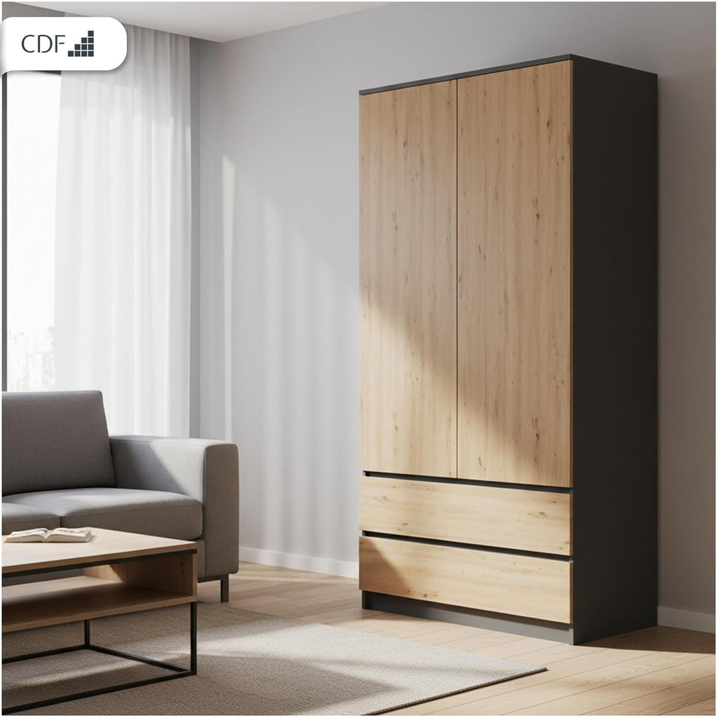 Armario infantil CDF de 90 cm de ancho, armario de dos puertas con 2 cajones, 3 estantes y una barra para colgar ropa, dormitorio, panel laminado de 16 mm, armario multiusos, roble artisan / antracita
